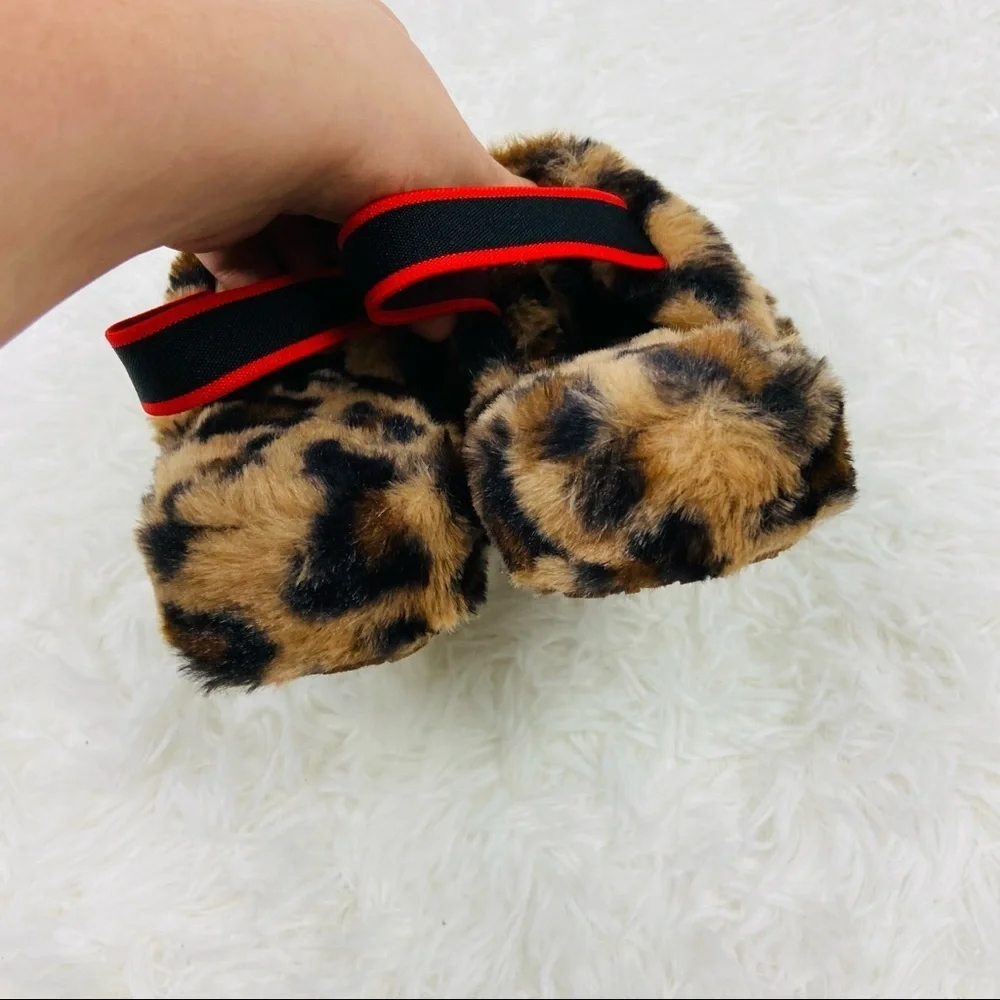 UNBRANDED girls leopard animal print open toe snuggly fleece warm slippers SZ 3
